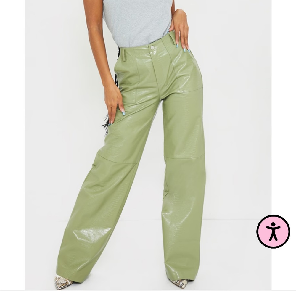 Khaki faux leather croc wide leg pants